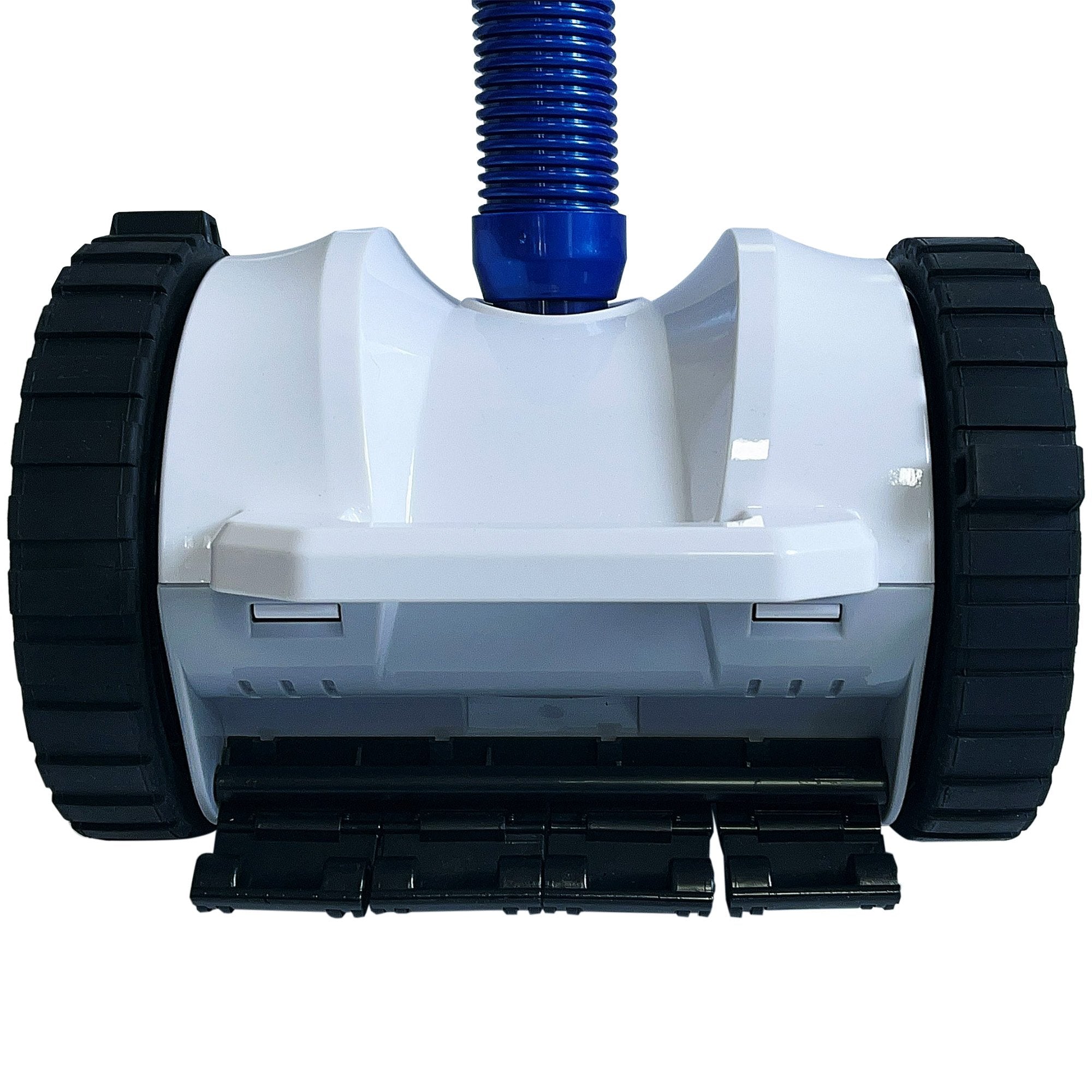 Automatic suction pool cleaner front housing with black brush strips and black tread wheels