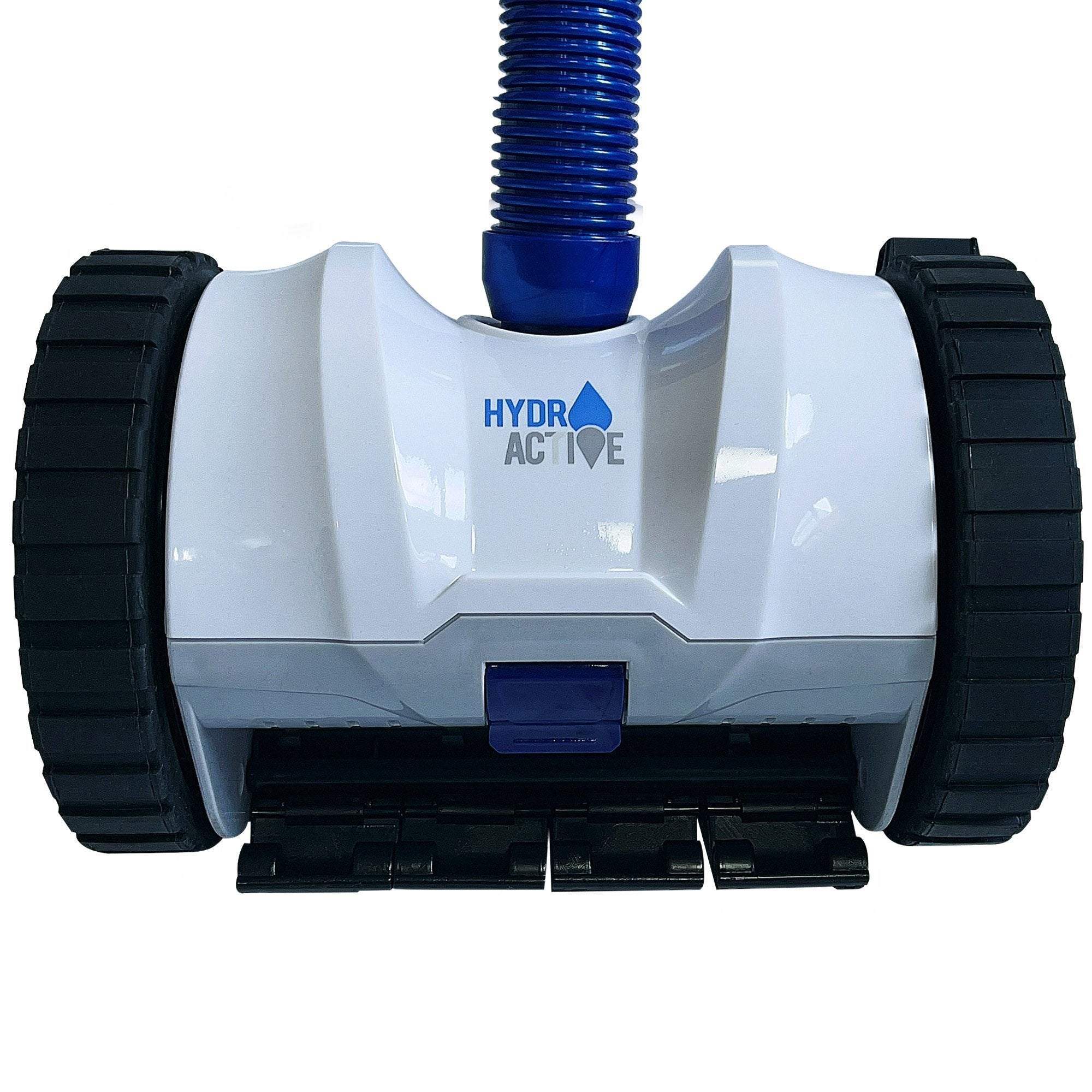 Automatic suction pool cleaner rear housing with blue top fitting, white body, black tread wheels