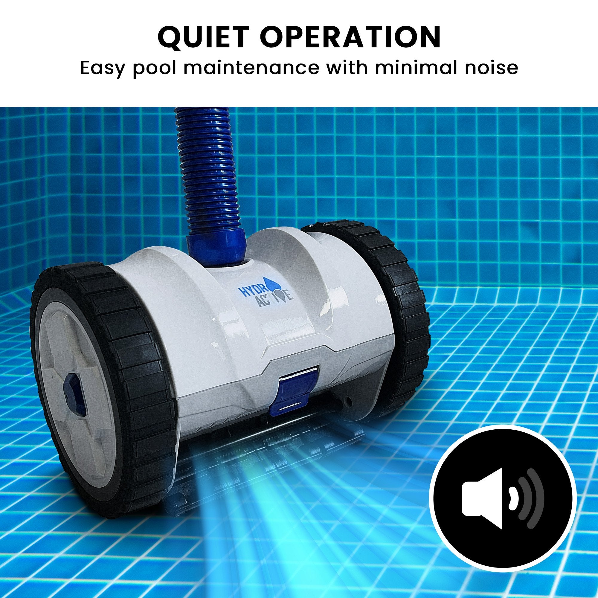 Automatic suction pool cleaner side view with blue hose, white body, and black tread wheels