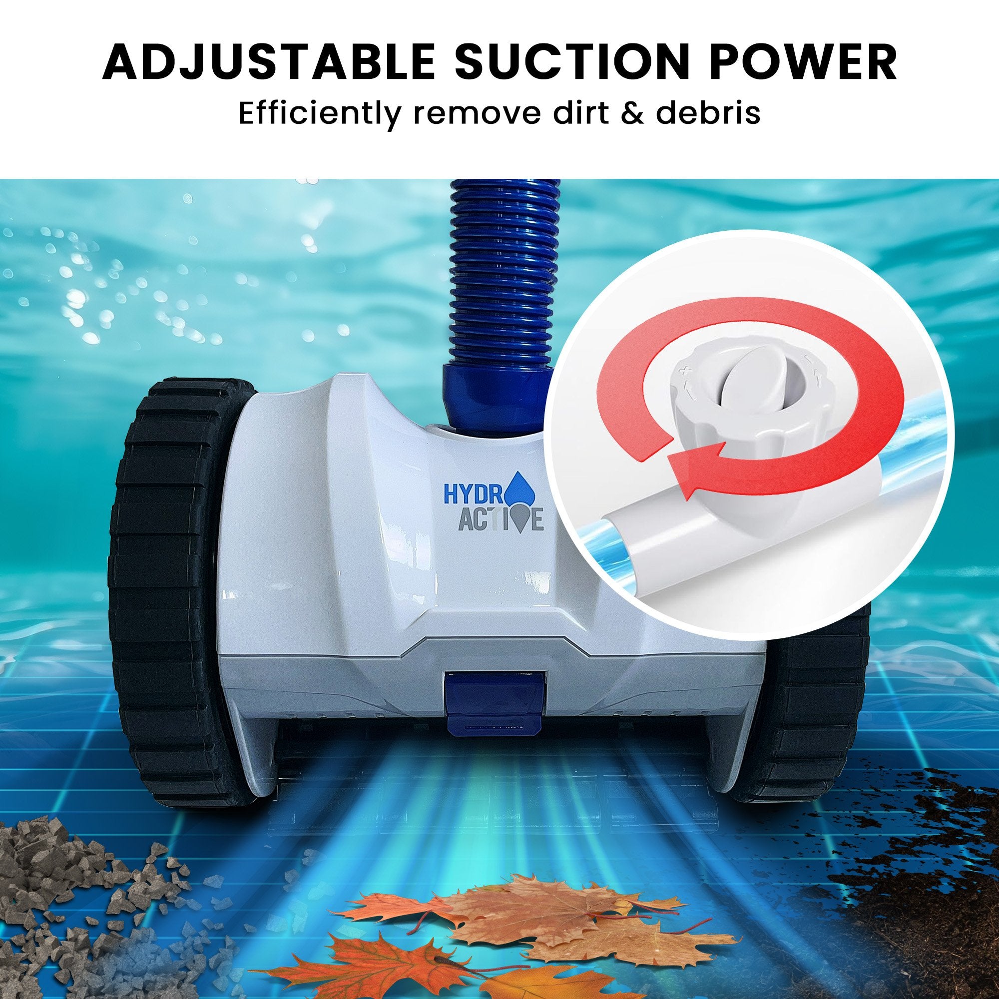 Automatic suction pool cleaner front view with blue hose, white body, and black tread wheels