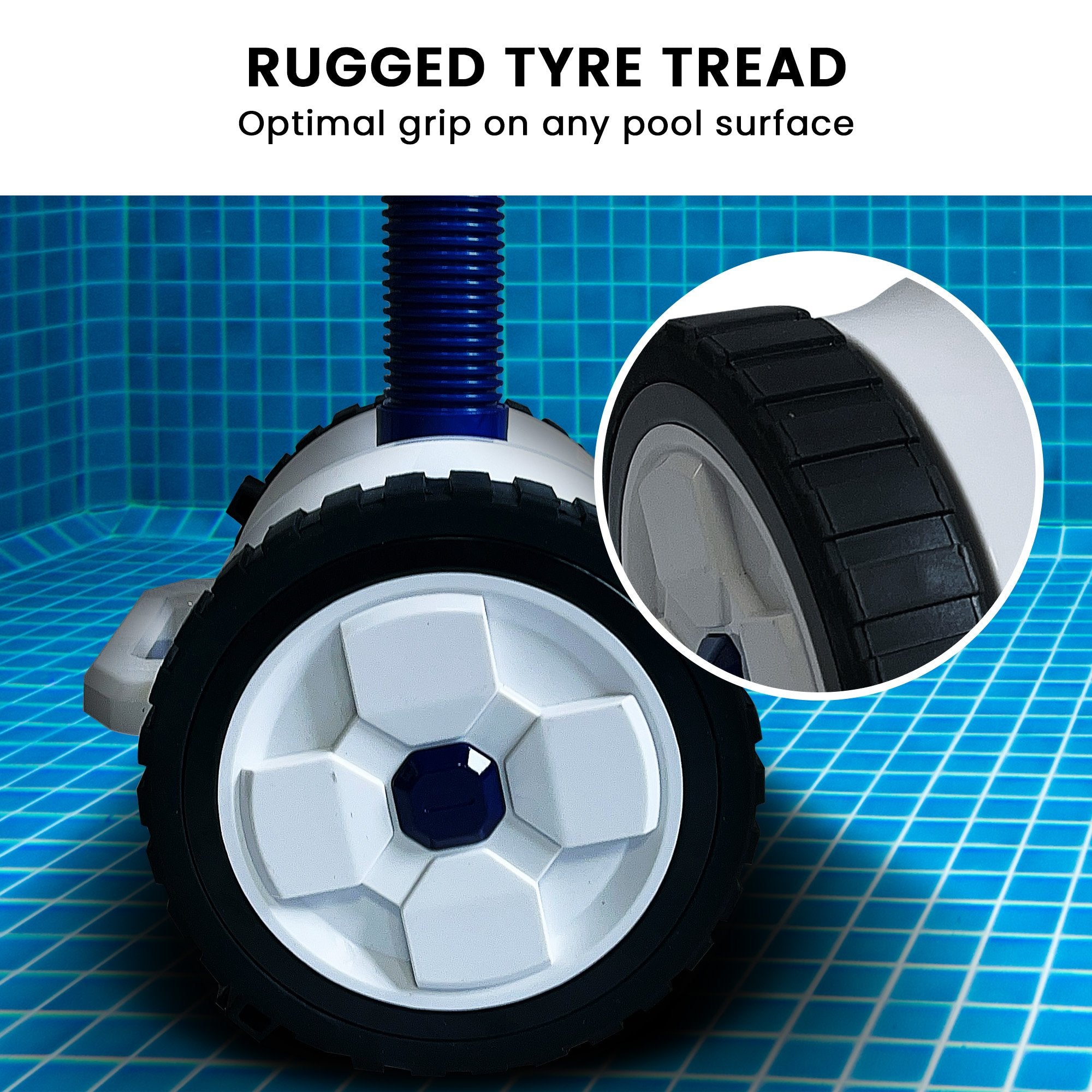 Automatic suction pool cleaner front wheel with white spokes and black tire tread