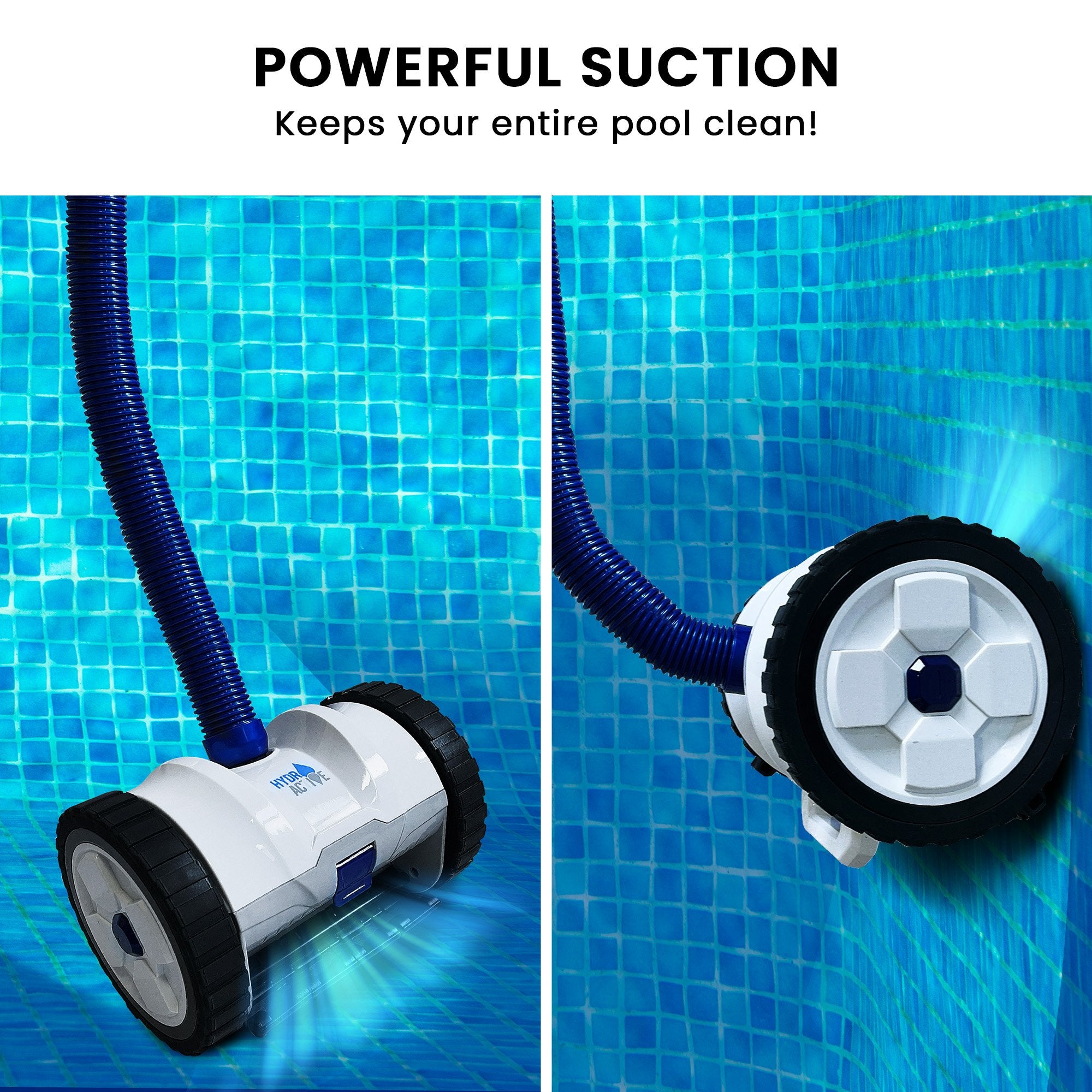 Automatic suction pool cleaner with blue hose, white body, and black tread wheels