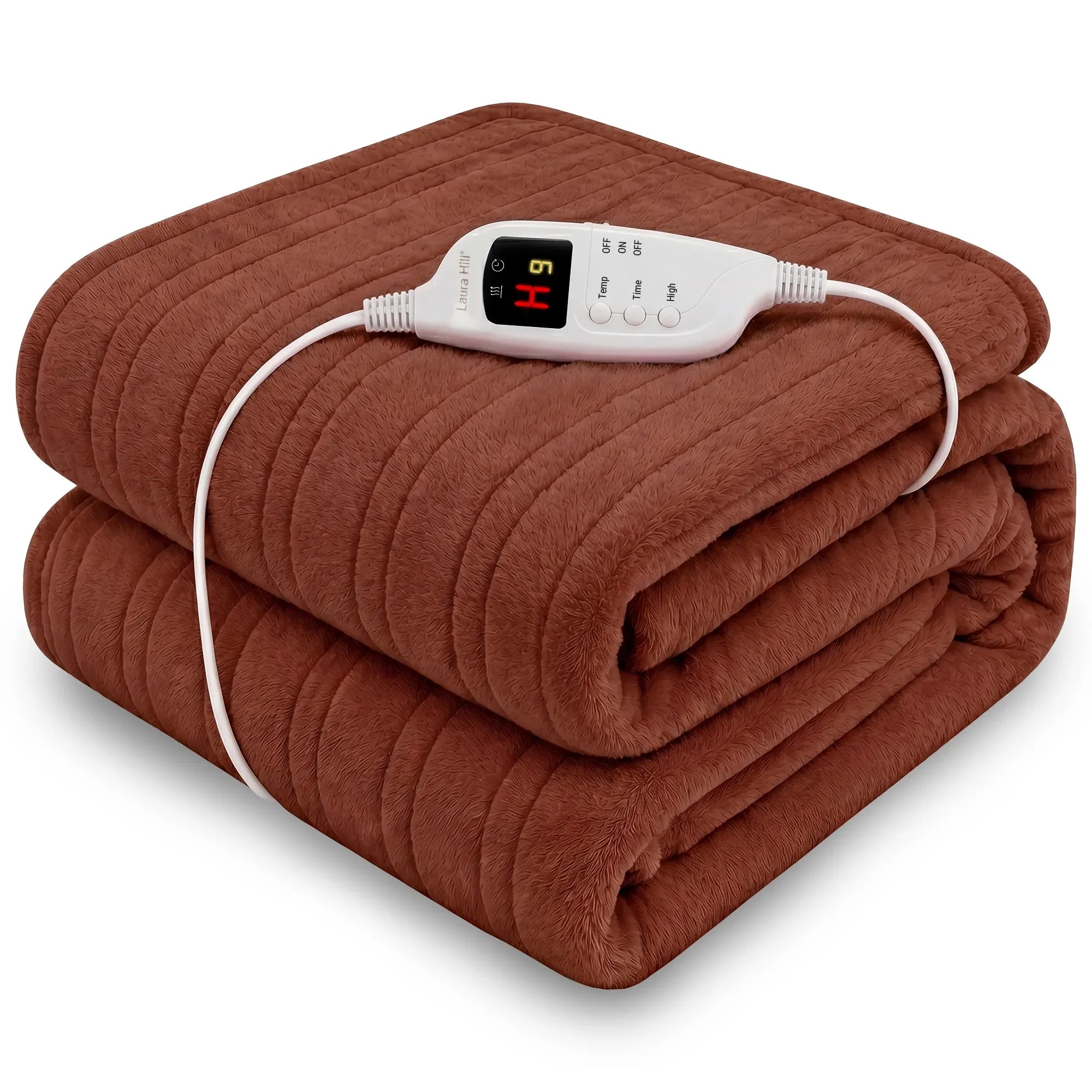 Heated throw blanket with brown plush fleece and attached digital controller, folded