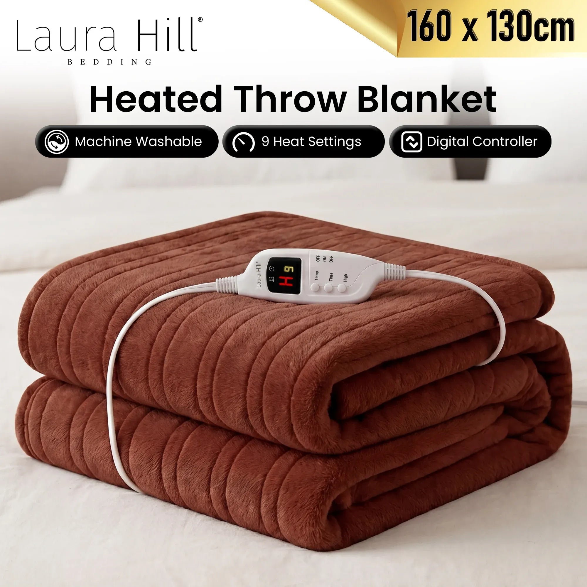 Brown heated throw blanket with digital controller and thick quilted fleece layers