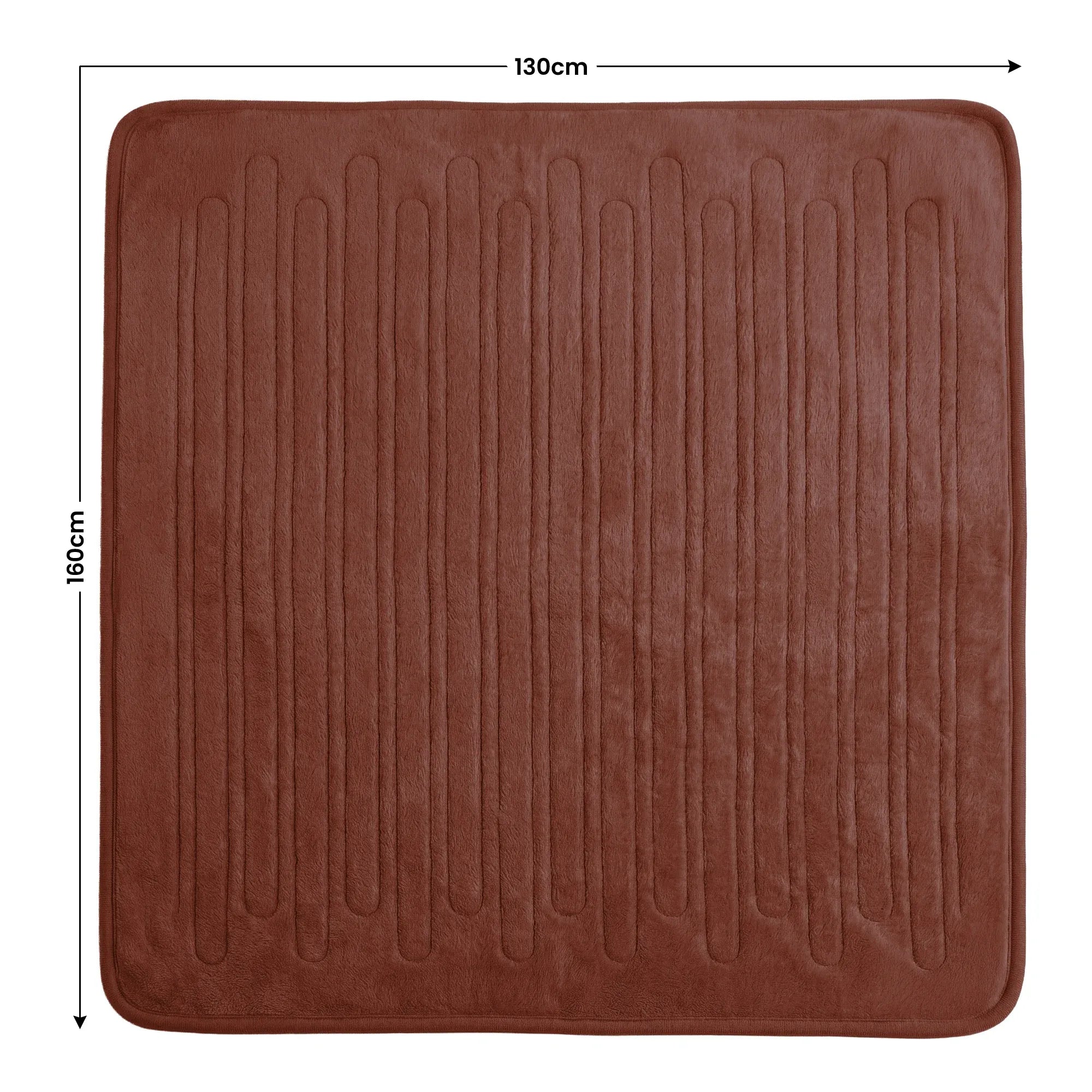 Brown heated throw blanket square with textured fleece surface and embossed lines