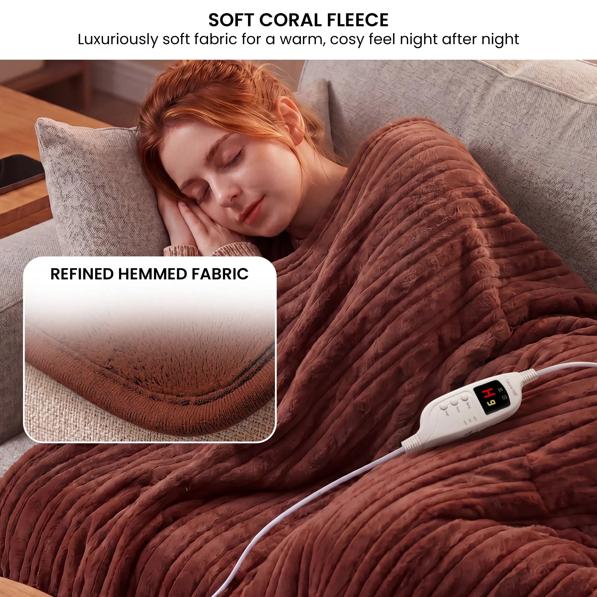 Brown heated throw blanket draped over sofa with digital controller