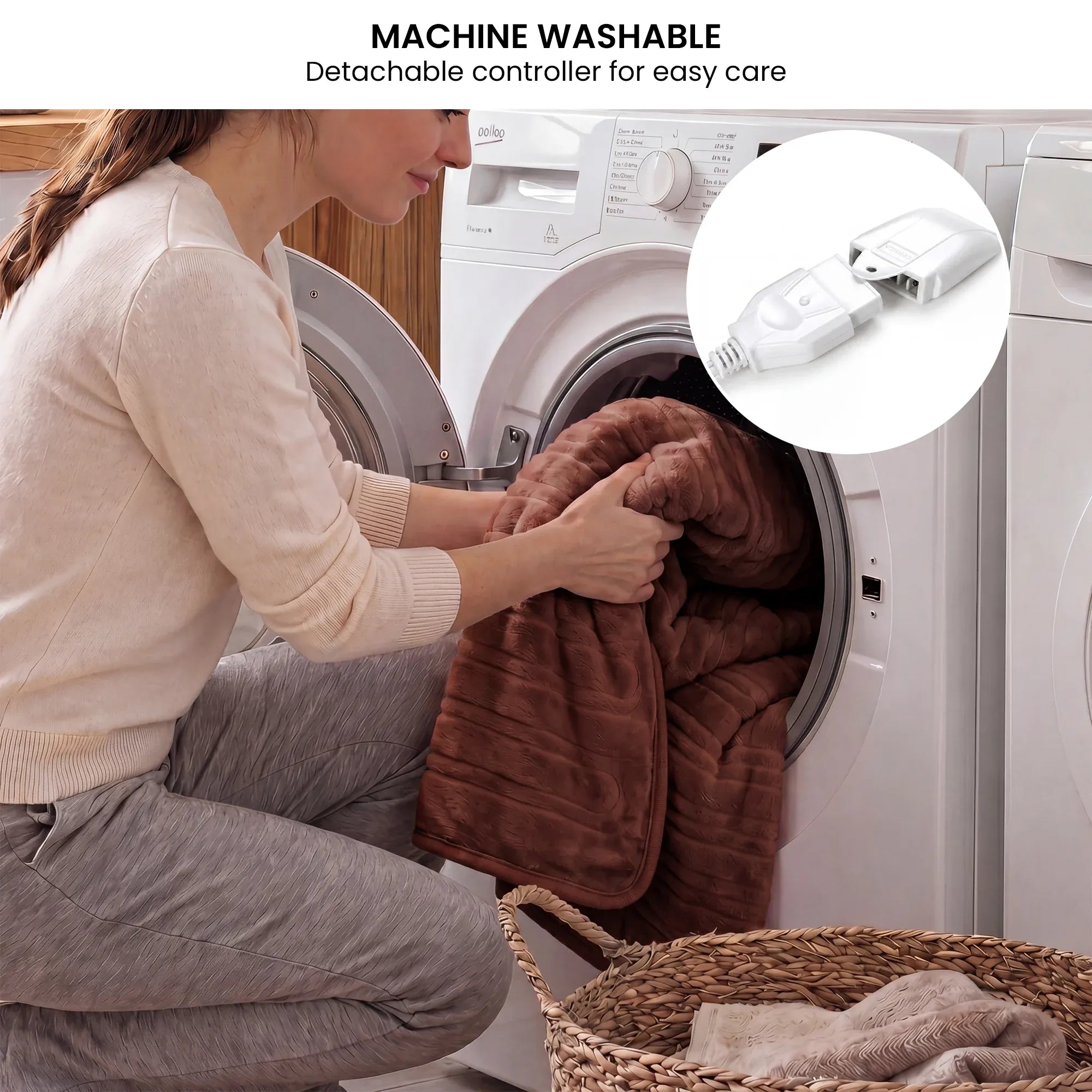 Brown heated throw blanket with detachable controller for machine washing