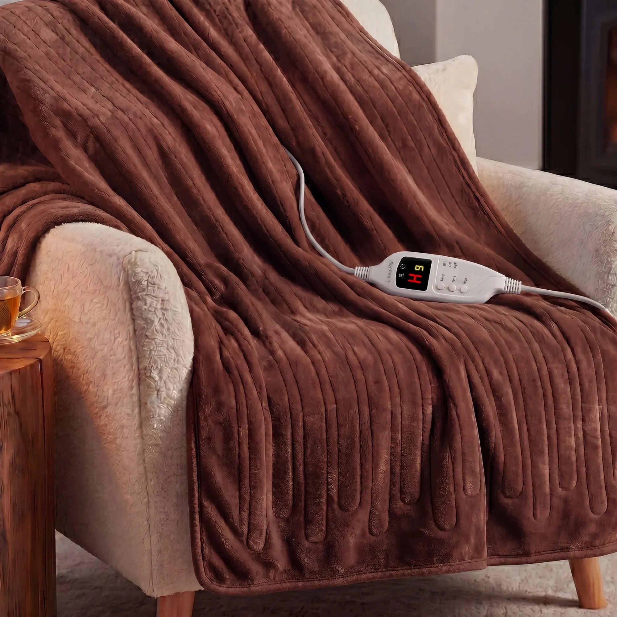 Brown heated throw blanket draped on armchair with digital controller attached