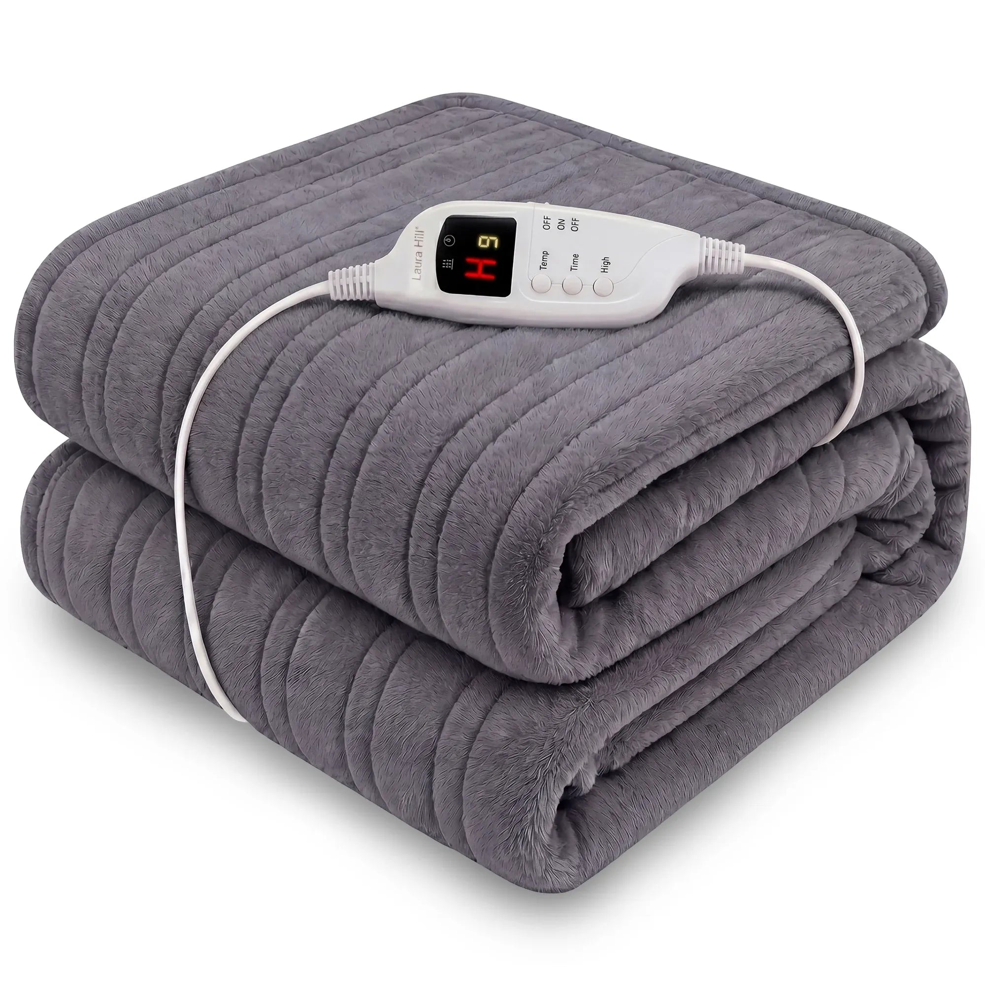 Grey heated throw blanket with stacked folds and attached digital controller.