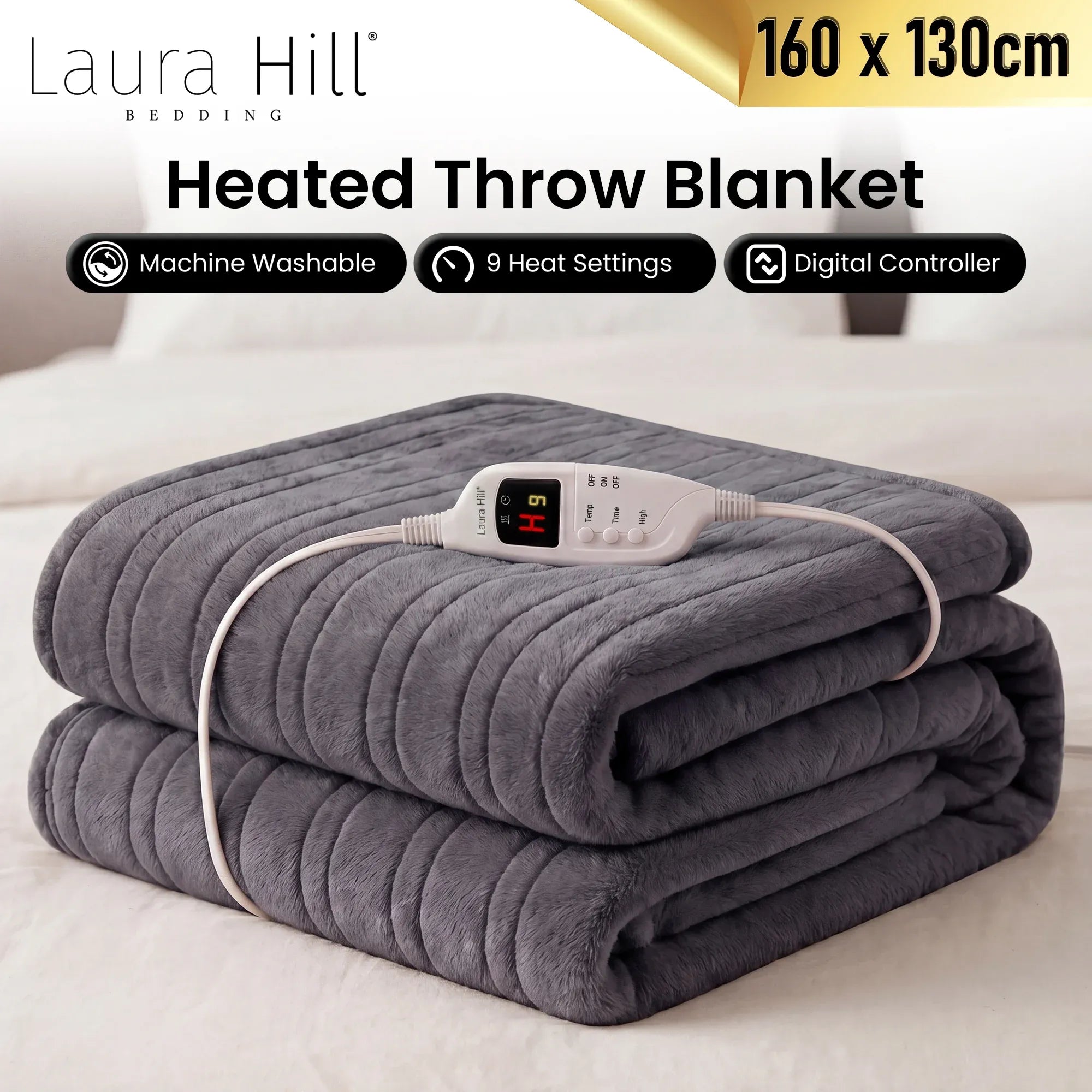 Grey heated throw blanket with digital controller and cord across the top.
