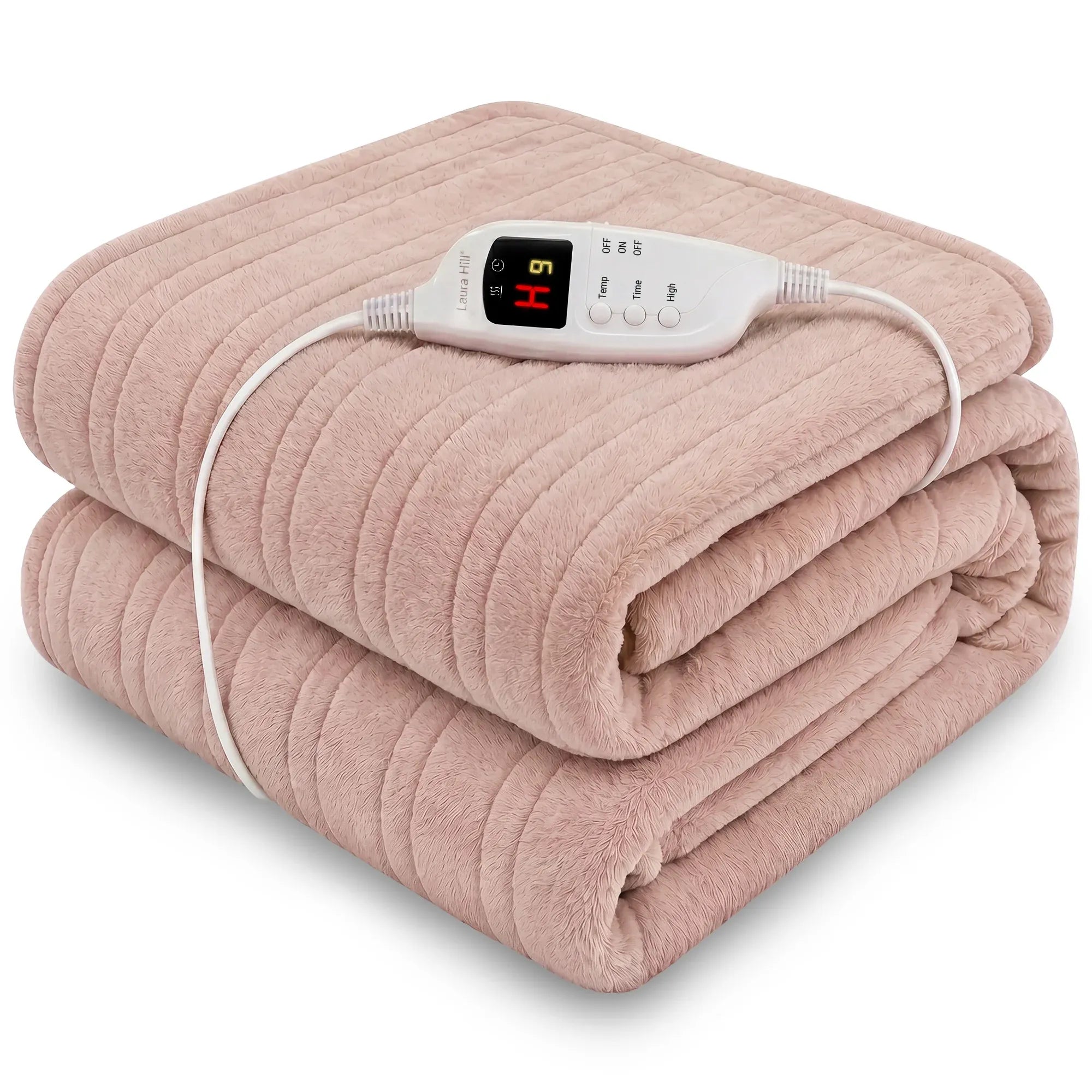 Soft coral fleece heated throw blanket with digital controller and attached cable
