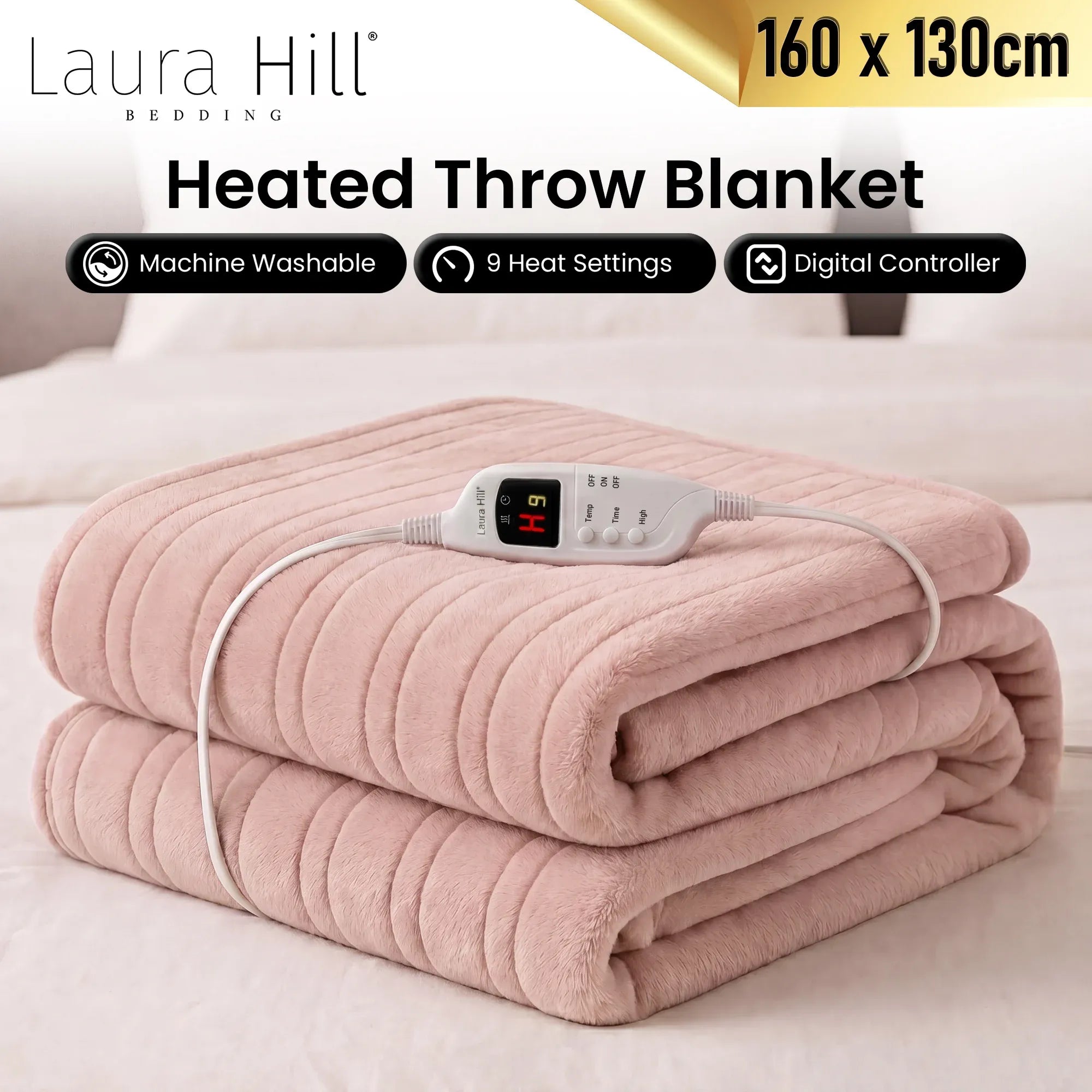 Folded coral pink heated throw blanket with digital controller and cable