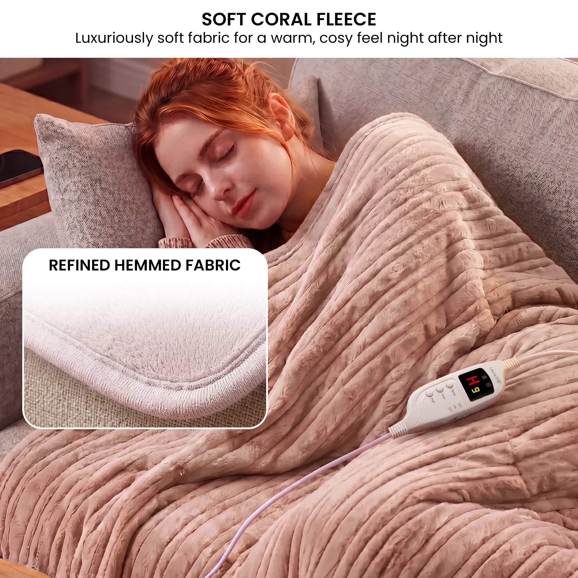 Draped coral fleece heated throw blanket with digital controller on the fold