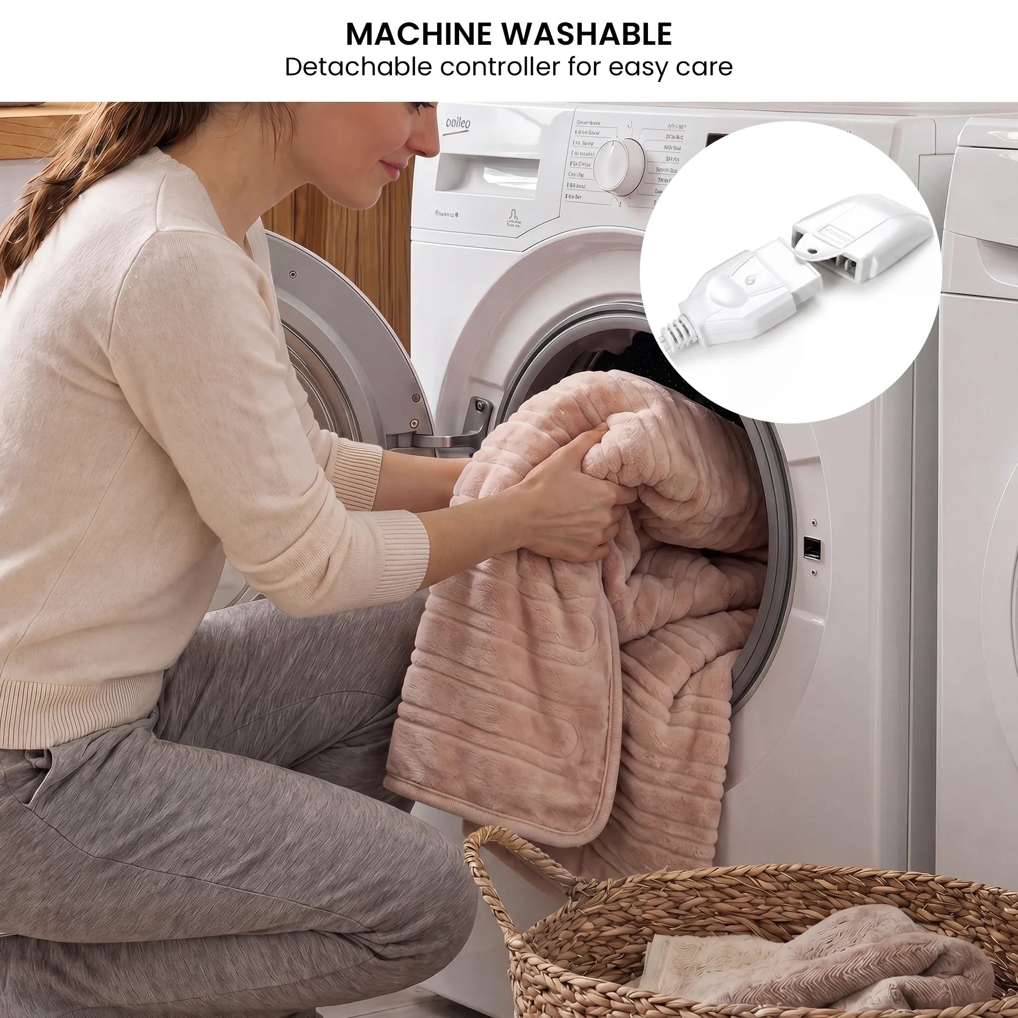 Coral pink heated throw blanket with detachable digital controller for machine washing
