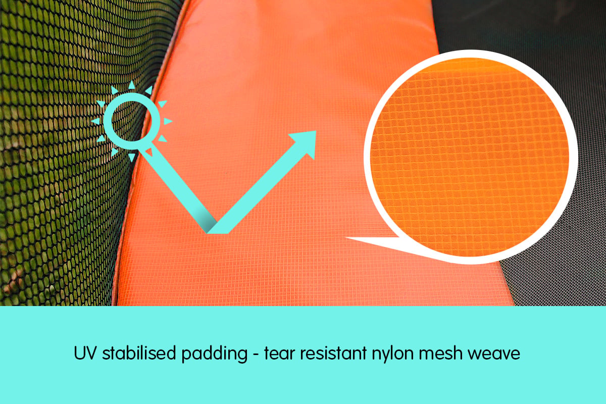 Orange trampoline pad fabric with mesh weave and stitching seams