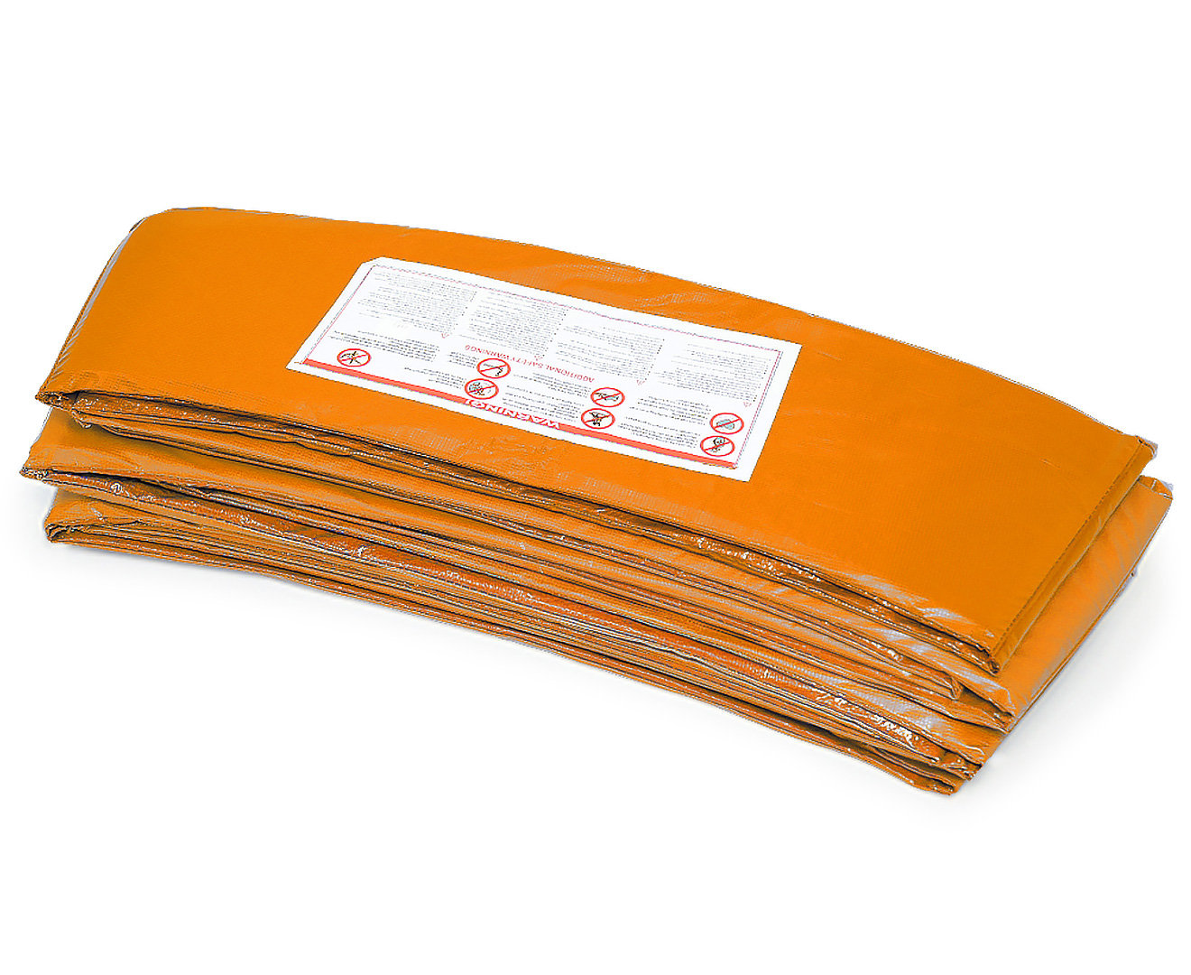 Folded orange round trampoline replacement pad with security tag label