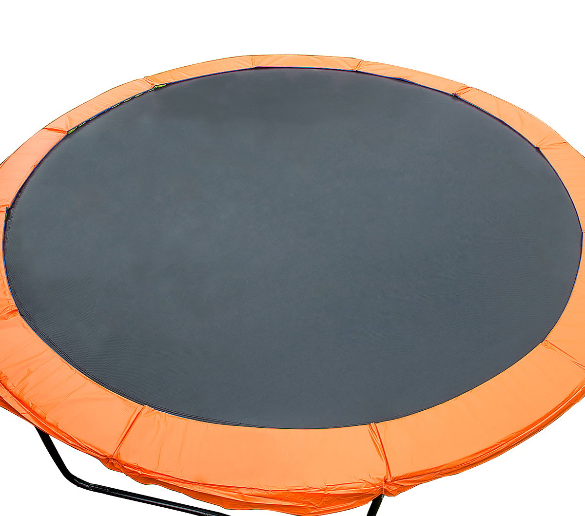 Round trampoline replacement pad with orange edge and dark grey jumping surface