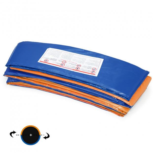 Folded reversible trampoline pad bundle in blue with orange trim and label