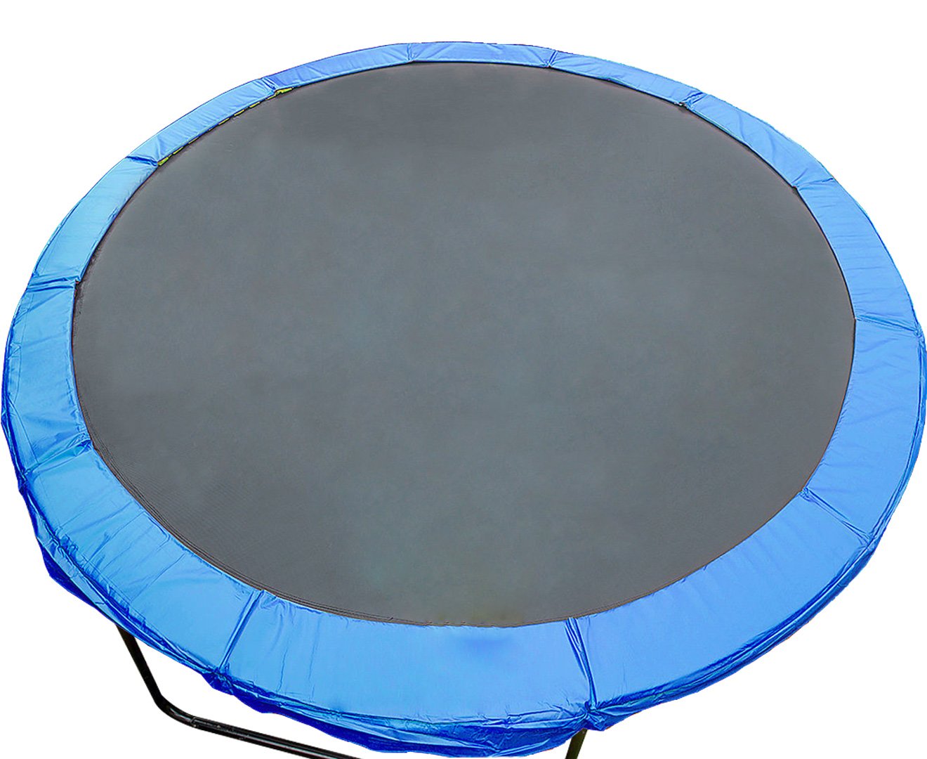 Round trampoline replacement pad with blue edge and dark grey jumping surface