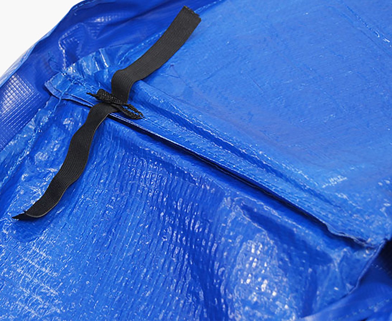 Blue trampoline replacement pad with black strap and zip-style seam