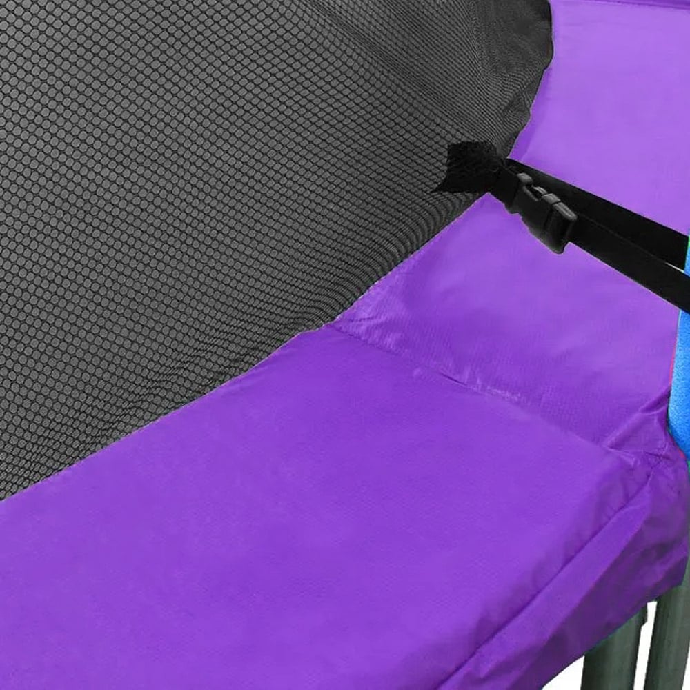 Purple trampoline replacement pad with black strap and stitched edge