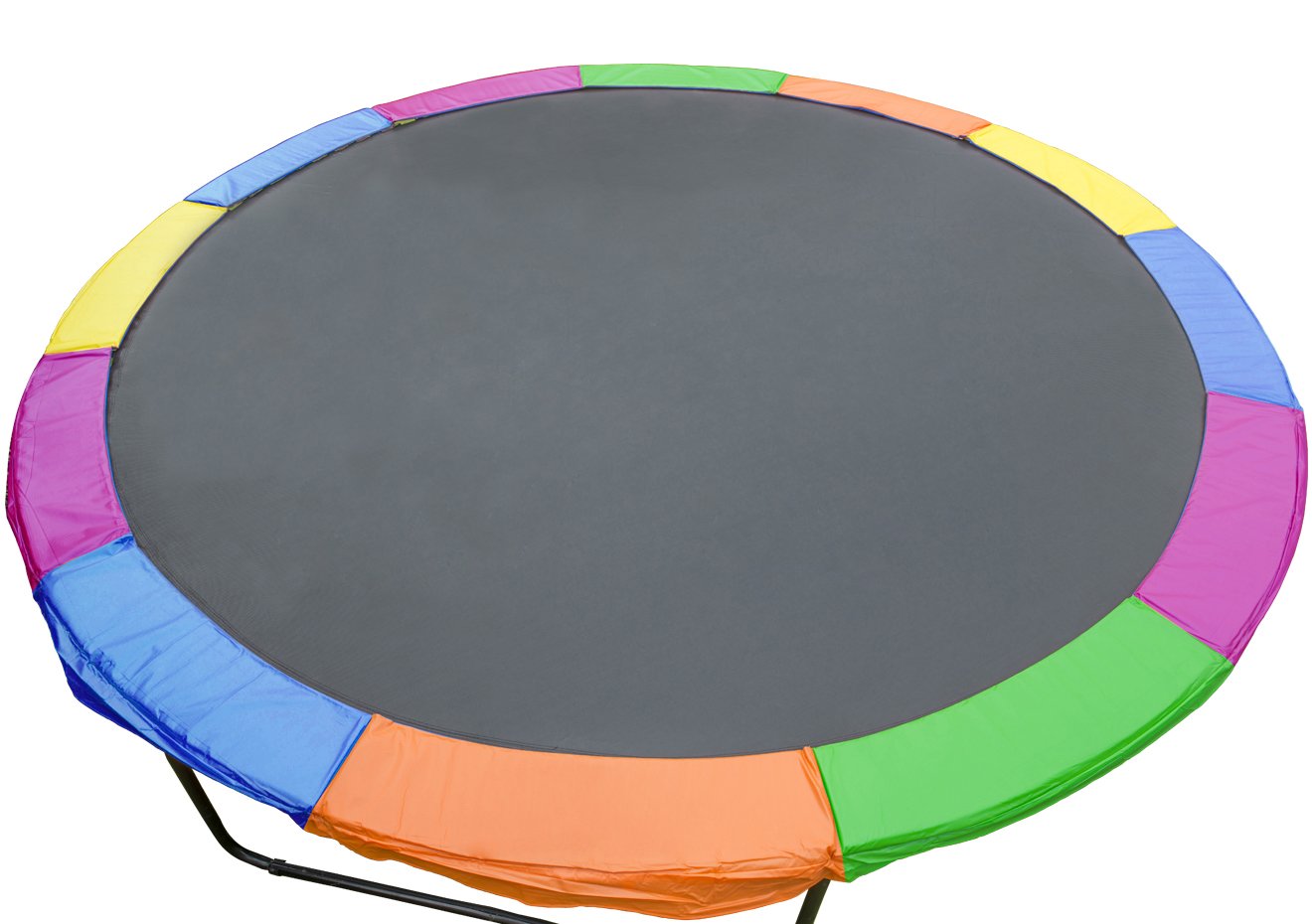 Round trampoline replacement pad with dark gray top and rainbow rim padding