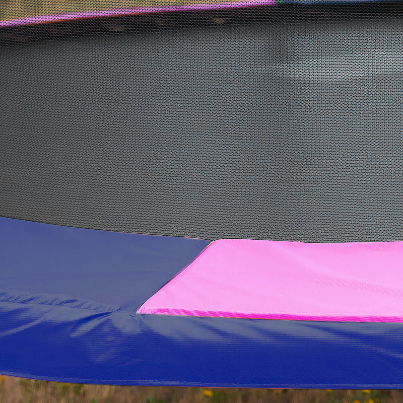 Trampoline replacement pad edge with gray mesh top and blue and pink border
