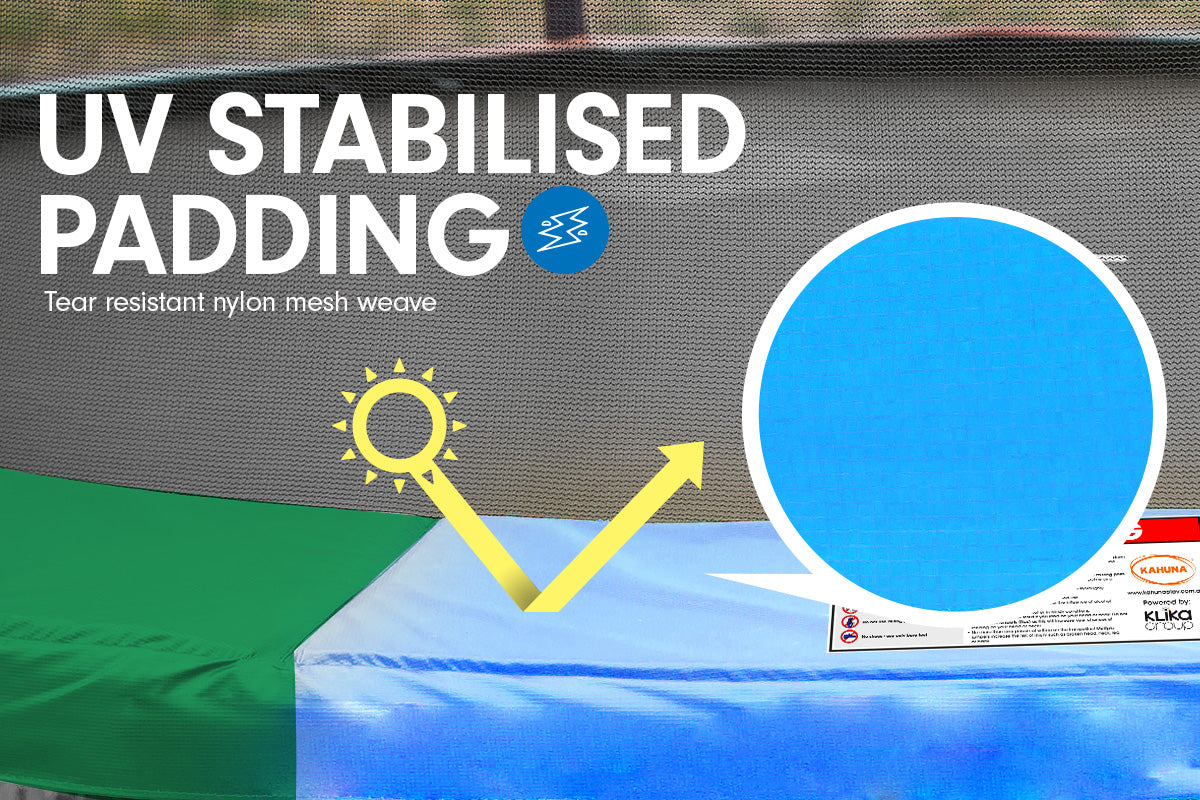 Trampoline replacement pad with UV-stabilised, tear-resistant mesh padding panel