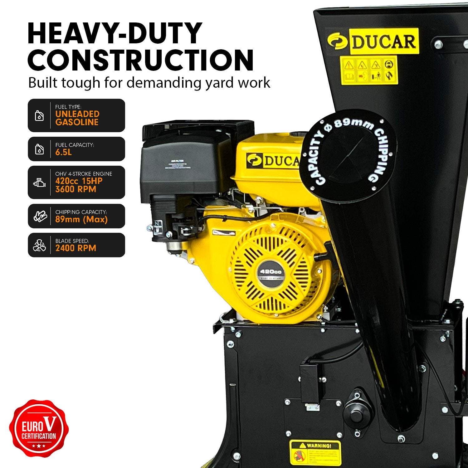 Ducar 89mm Key Electric Start Wood Chipper 420cc 15hp 4-stroke Engine Unleaded Petrol Garden Shredder Mulcher Grinder - 601c Black