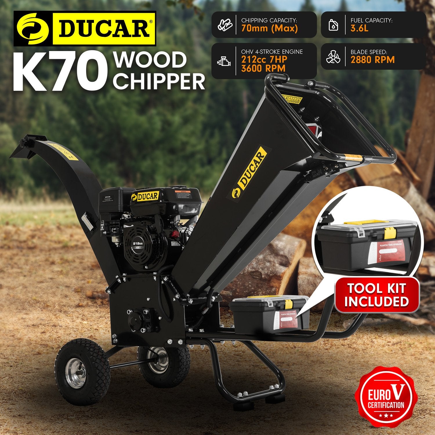 Ducar K70 7HP Wood Chipper Shredder Mulcher Grinder Petrol in Black