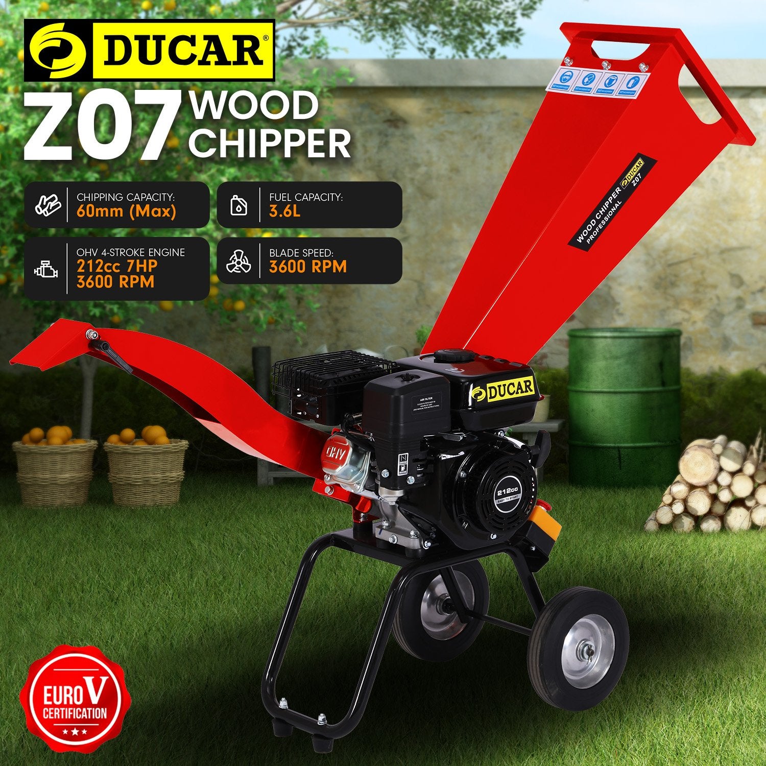 Ducar 7hp Wood Chipper Shredder Mulcher Grinder Petrol Red