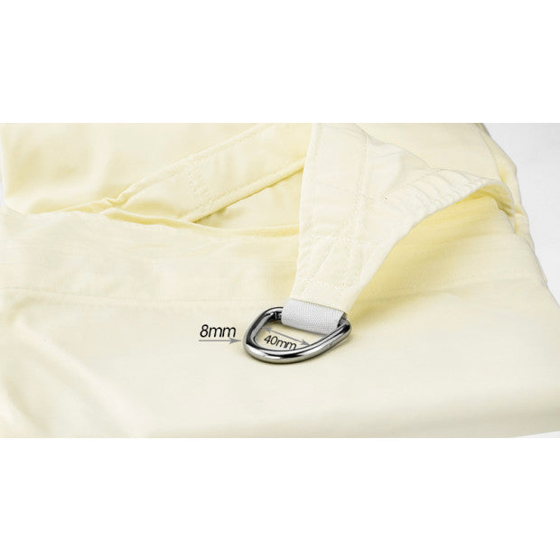 Light yellow shade sail corner with metal D-ring grommet and reinforced stitching