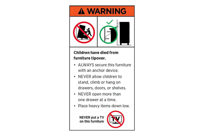 Safety warning label for furniture use: keep children away and secure the unit
