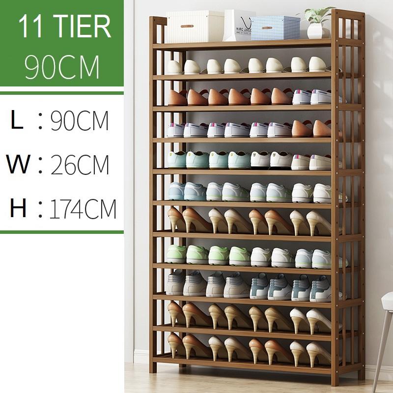 Bamboo 11-tier shoe rack cabinet with open shelves and corner frame, storing multiple pairs