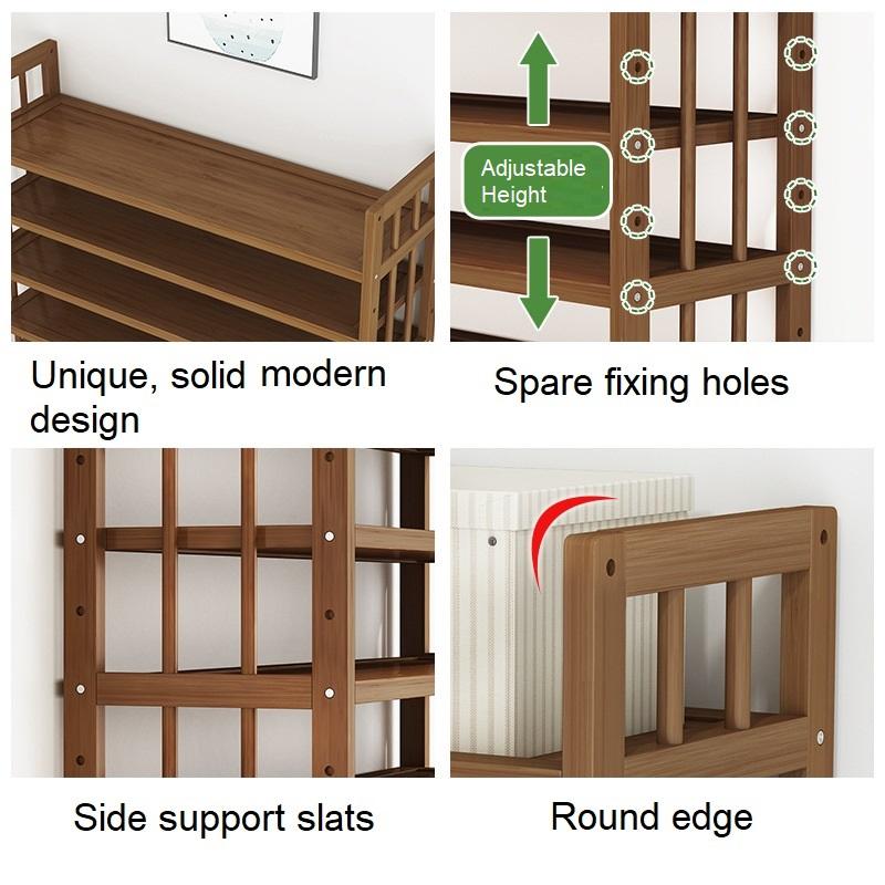 Bamboo shoe rack corner shelf with adjustable height holes, side support slats, rounded edges