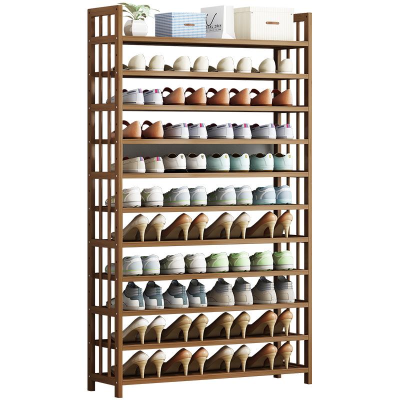 Bamboo 11-tier shoe rack with multiple open shelves and tall corner side posts for storage