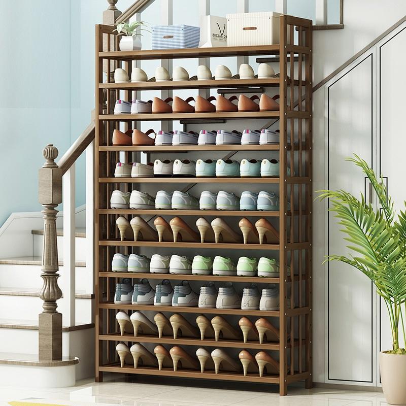 Bamboo shoe rack cabinet with 11 open shelves holding shoes, designed for corner placement