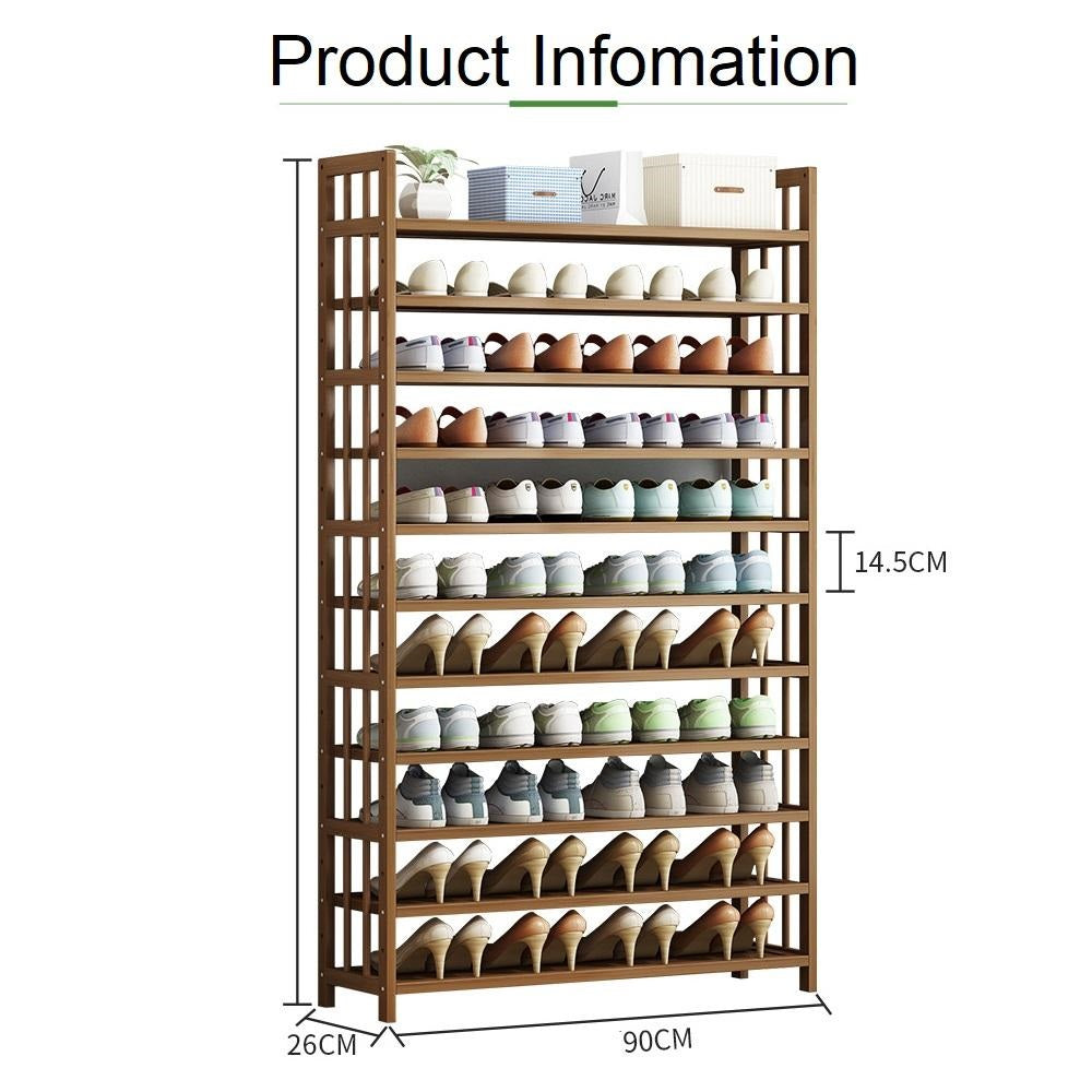 Bamboo 11-tier shoe rack corner shelf unit with open shelves and side frame supports