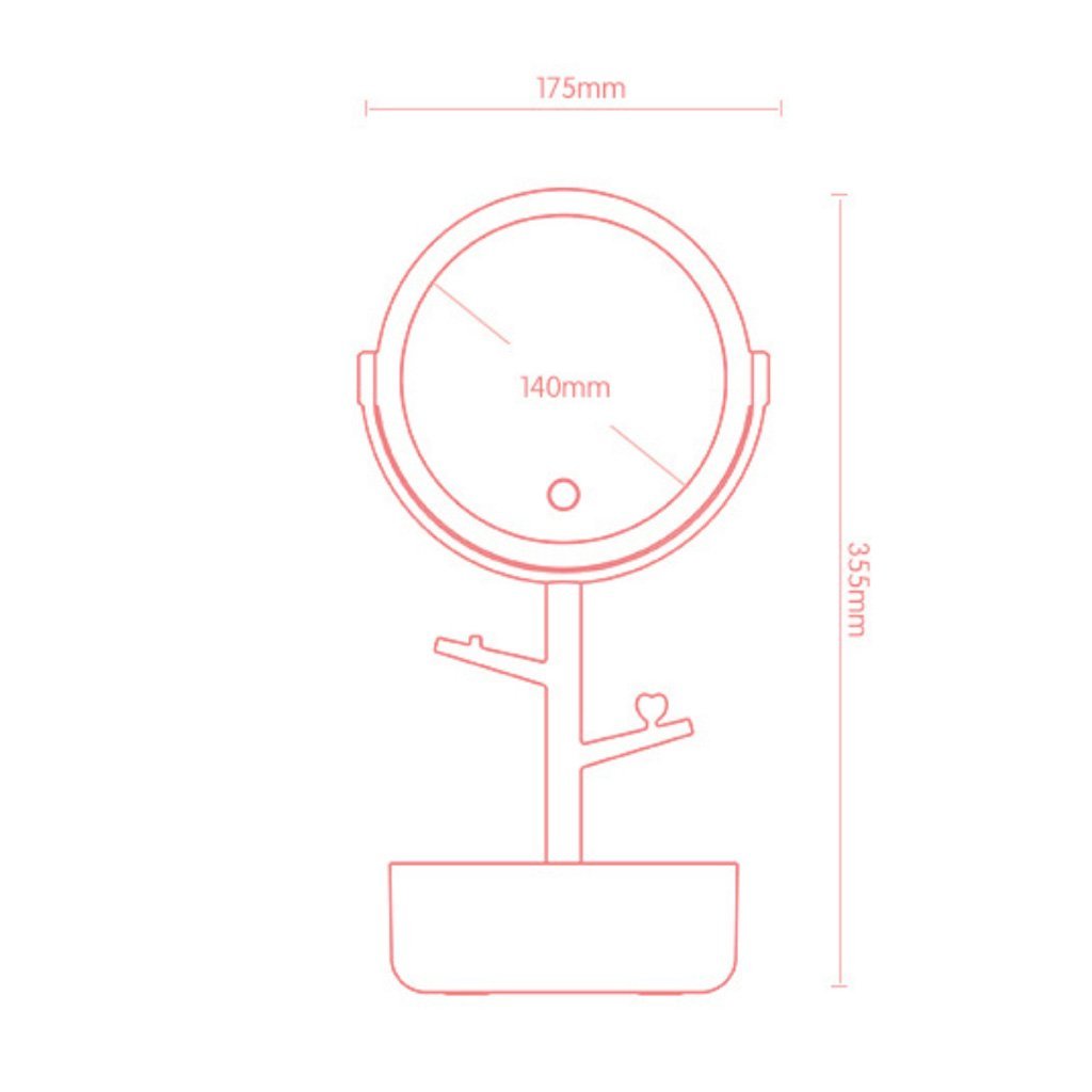 Diagram of pink LED light cosmetic mirror with 175mm width and 155mm height