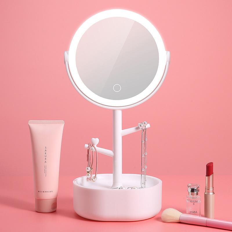Pink LED light cosmetic mirror with ring light and round base tray