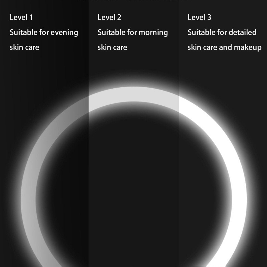 LED brightness levels for pink makeup mirror: level 1 evening, level 2 morning, level 3 detail