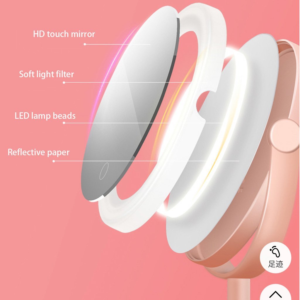 Exploded view of pink LED light cosmetic mirror showing lamp beads and soft light filter