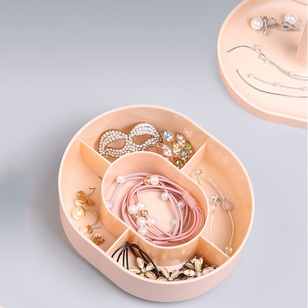 Pink oval accessory tray insert with compartments for jewelry and cosmetics