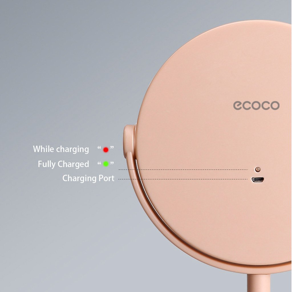 Ecoco charging port on pink LED makeup mirror back panel with full charge indicator