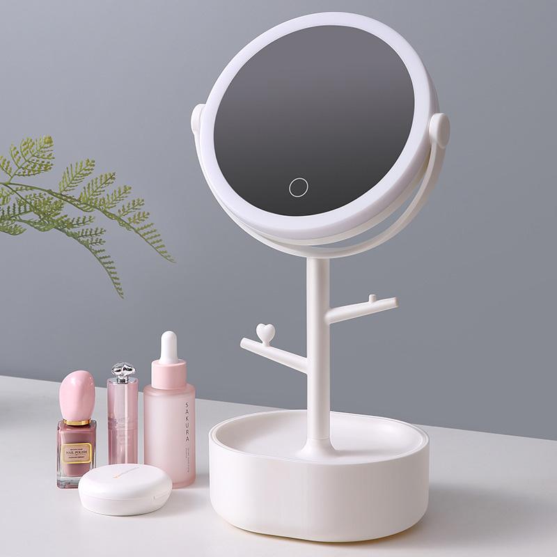 Smart LED makeup mirror with circular light ring, touch button, white desk stand