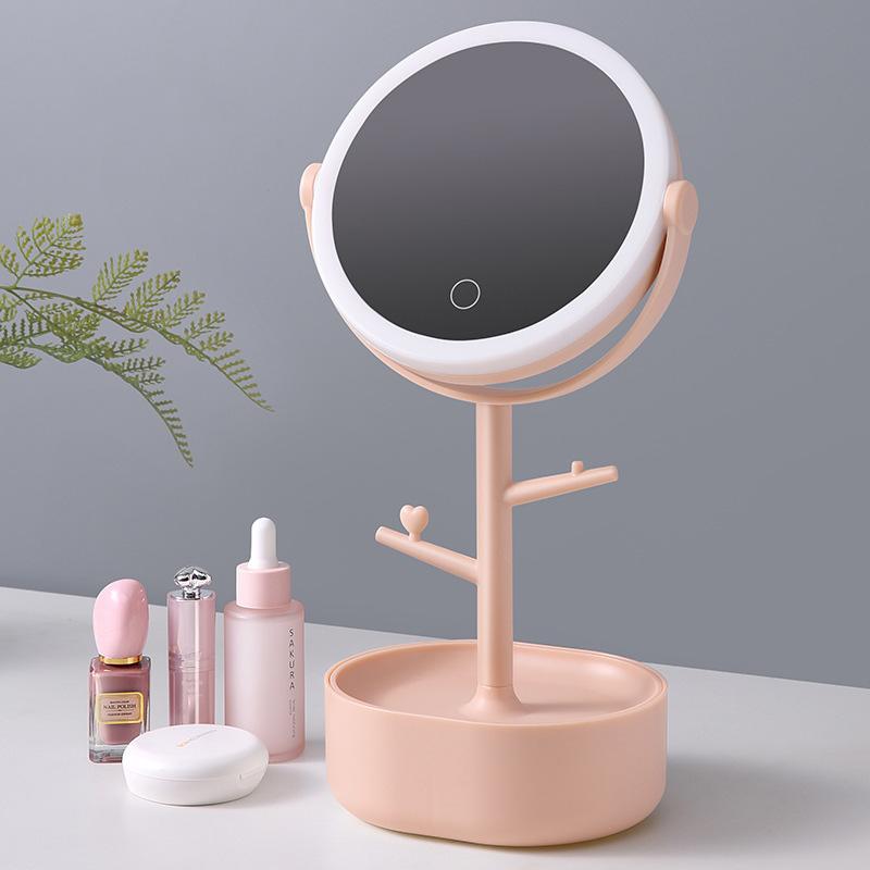 Smart LED makeup mirror with circular light ring, touch button, pink desk stand