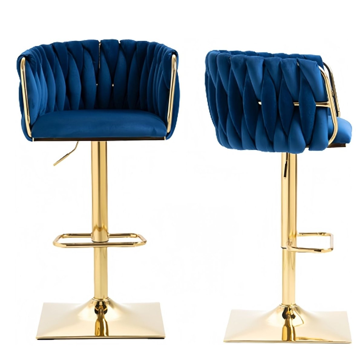 Set of two navy velvet swivel bar stools with backrest and gold pedestal bases