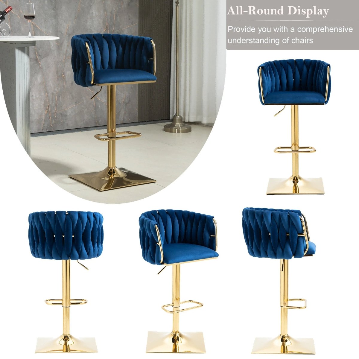 Navy velvet bar stools with backrest, gold pedestal bases, and footrests (set view)