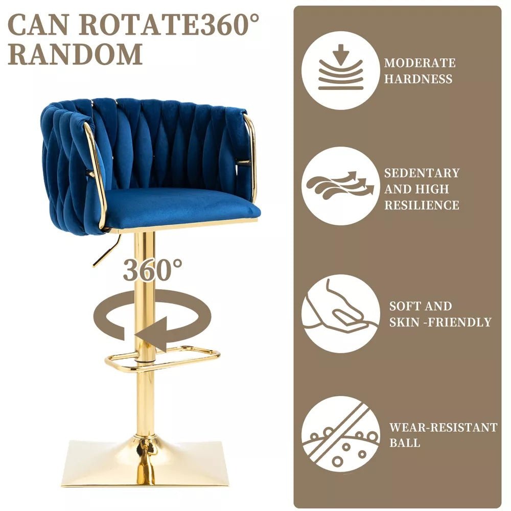 Navy velvet bar stool with arched tufted backrest, gold base and swivel mechanism