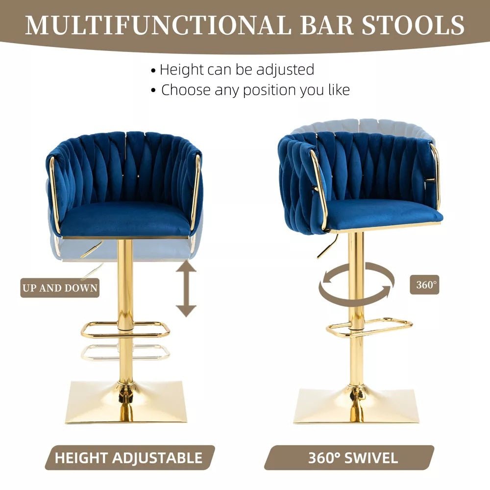Navy velvet adjustable bar stool set with backrest, gold pedestal bases and footrests